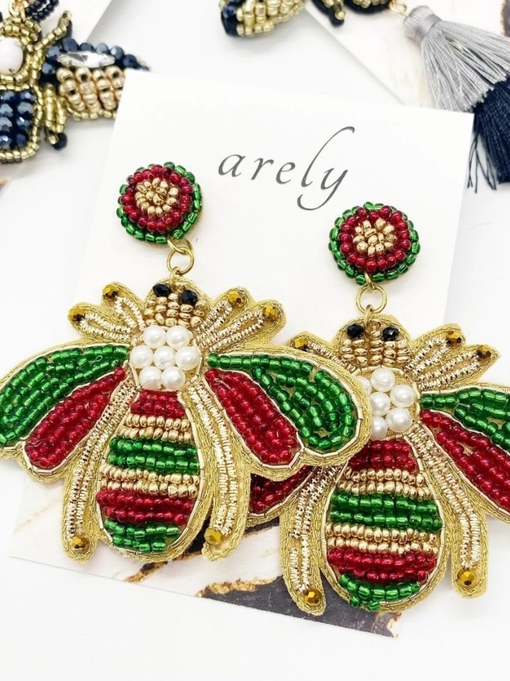 Beaded Bee Drop Earrings in Red, Green & Gold NEW $20